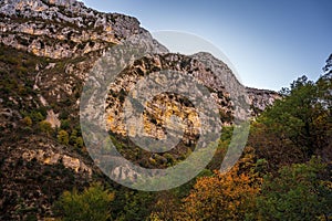 Low angle of mountains by the Blanc-Martel hiking trail in La Palud-sur-Verdon, France in autumn