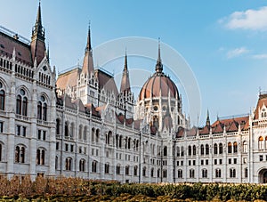 Low angle of an old traditional building of Hungarian parliament in Budapest, Hungary