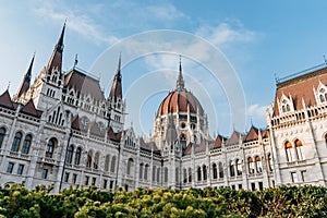 Low angle of an old traditional building of Hungarian parliament in Budapest, Hungary