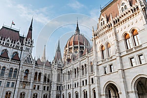 Low angle of an old traditional building of Hungarian parliament in Budapest, Hungary