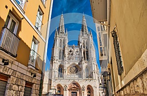 Low angle panoramic view of the Cathedral of Burgos in Spain photo