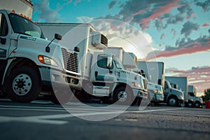 low angle photo of a fleet of box trucks in a car park, New truck fleet transportation