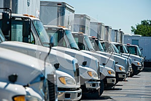 low angle photo of a fleet of box trucks in a car park, New truck fleet transportation