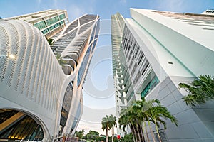 Low angle photo of modern buildings at Downtown Miami FL