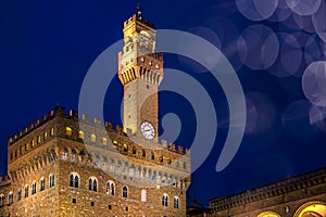 Low-angle of Piazza della Signoria against night sky, Florence, Italy