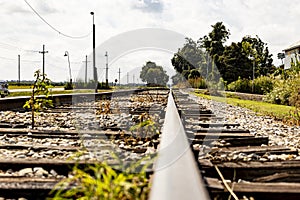Low angle of railroad tracks.