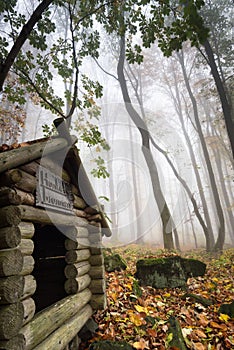 Low angle of shed of Hankelbrunnen tourist attraction and thin tall trees on a foggy day photo