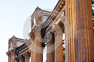 Low-angle shot of architectural details of the Palace of Fine Arts in San Francisco, California