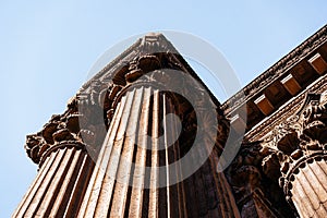 Low-angle shot of architectural details of the Palace of Fine Arts in San Francisco, California