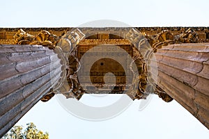 Low-angle shot of architectural details of the Palace of Fine Arts in San Francisco, California