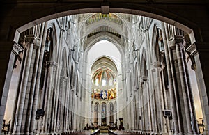 Low angle shot of the beautiful altar in Catedral de la Almudena captured in Madrid, Spain photo