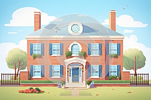 low-angle shot of a brick colonial home with a curved fanlight, magazine style illustration