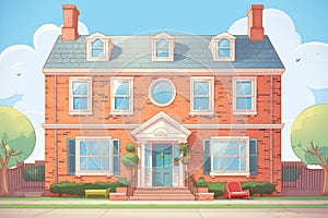 low-angle shot of a brick colonial home with a curved fanlight, magazine style illustration