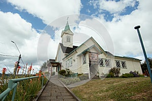 Low angle shot of the Church of Frutillar Town in Chile under a blue sky