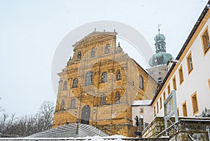 Low angle shot of the church of St Maria in the city Amberg in winter seasion