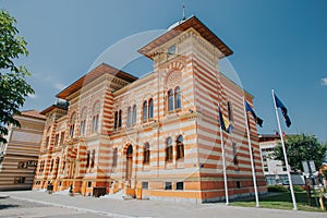 Low angle shot of City hall in Brcko district, Bosnia and Herzegovina under blue sky