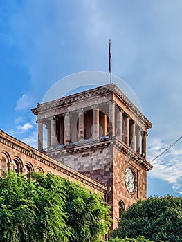 Low angle shot of the clocktower in the Republic Square in Yerevan, Armenia