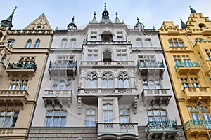 Low angle shot of a colorful building on Masarykovo Nabrezi in Prague Cech Republic