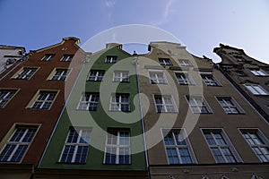 Low angle shot of colorful buildings at Long Market in Gdansk, Poland