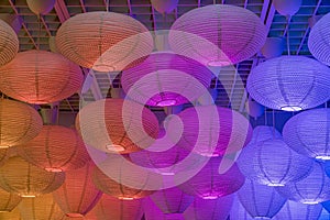 Low angle shot of colorful illuminated paper lanterns hanged on the ceiling - cool background
