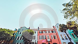 Low angle shot of colorful Rainbow Row houses, Tourist attraction in Charleston, South Carolina