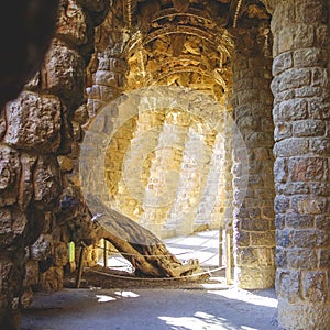 Low angle shot of the columns and a pathway in a magnificent old castle