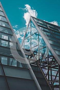 Low angle shot of the construction of Muttart Conservatory greenhouse in the Botanical garden