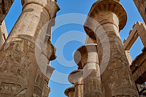 Low-angle shot of the detail of the columns with closed papyriform capitals in  Karnak, Egypt