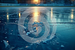 Low angle shot of an empty ice rink in ice hockey stadium. Clean, freshly poured ice, stands for spectators, two rows of