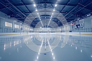 Low angle shot of an empty ice rink in ice hockey stadium. Clean, freshly poured ice, stands for spectators, two rows of