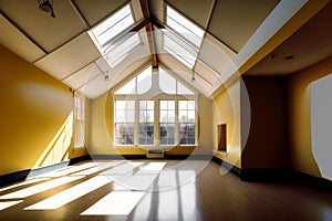 low-angle shot of an empty yoga studio with a large skylight overhead (AIgen) photo