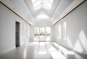 low-angle shot of an empty yoga studio with a large skylight overhead (AIgen) photo