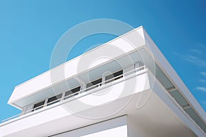 Low angle shot of a facade of a white modern building under a blue clear sky. Generative AI