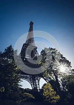 Low angle shot of the famous Eiffel Tower in Champ de Mars in Paris, France