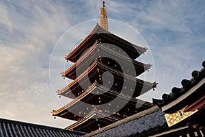 Low angle shot of a Five-Storied Pagoda in Tokyo, Japan