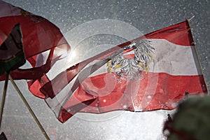 Low angle shot of flag of Austria under snow