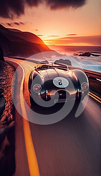 A Low angle Shot of a Glossy 1963 McClaren Spider Race Car Speeding Down the Big Sur Pacific Coast Highway Landscape Background AI