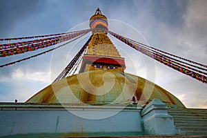 Low angle shot of the historic Boudhanath Stupa Roof in Kathmandu, Nepal