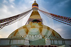 Low angle shot of the historic Boudhanath Stupa Roof in Kathmandu, Nepal