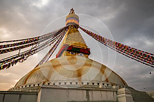 Low angle shot of the historic Boudhanath Stupa Roof in Kathmandu, Nepal