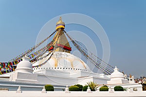 Low angle shot of the historic Boudhanath Stupa Temple, Kathmandu, Nepal