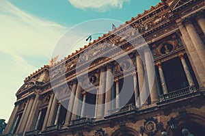 Low angle shot of the historic Palais Garnier Opera house in Paris, France