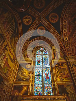 Low angle shot of the inside design in the Basilica of Santa Croce in Florence, Italy