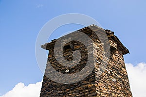 Low angle shot of a Keselo tower in Omalo village, Tusheti, Georgia