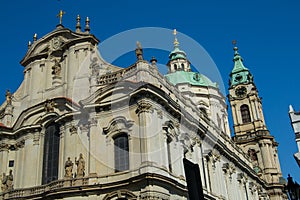 Low angle shot of Kostel svateho Mikulase na Mala Strana in Prague, Czech Republic