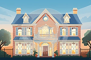low-angle shot of a large fanlight on a colonial revival home at dusk, magazine style illustration