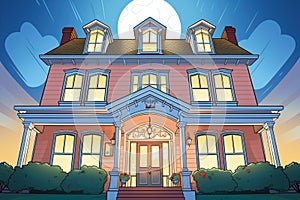 low-angle shot of a large fanlight on a colonial revival home at dusk, magazine style illustration