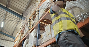 Low angle shot of a Logistics worker in a large warehouse