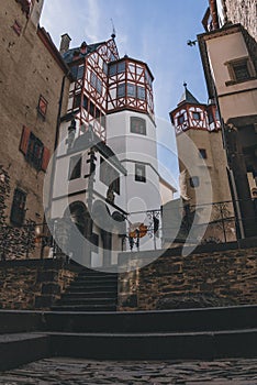 Low-angle shot of the medieval courtyard of Eltz Castle, Germany