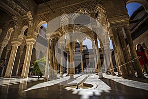Low angle shot of mesmerizing arches in Alhambra located in Granada. Spain